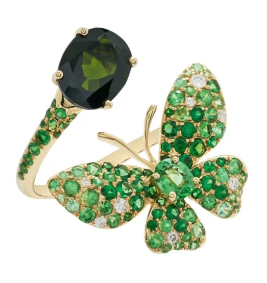 Green Garnet, Diamonds and Green Tourmaline Butterfly Ring