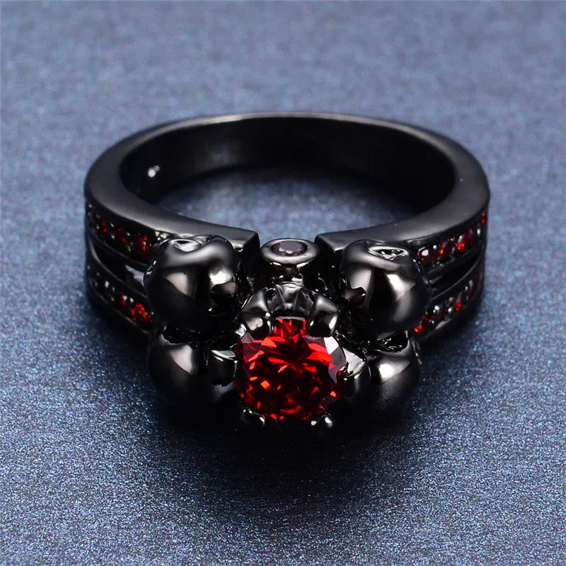 Halloween Skull Ring Anel for Women/Men Fashion Stone Jewelry Red CZ Engagement Band Black Gold Filled Wedding Rings