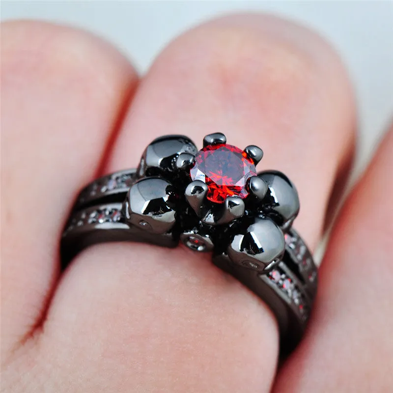 Halloween Skull Ring Anel for Women/Men Fashion Stone Jewelry Red CZ Engagement Band Black Gold Filled Wedding Rings