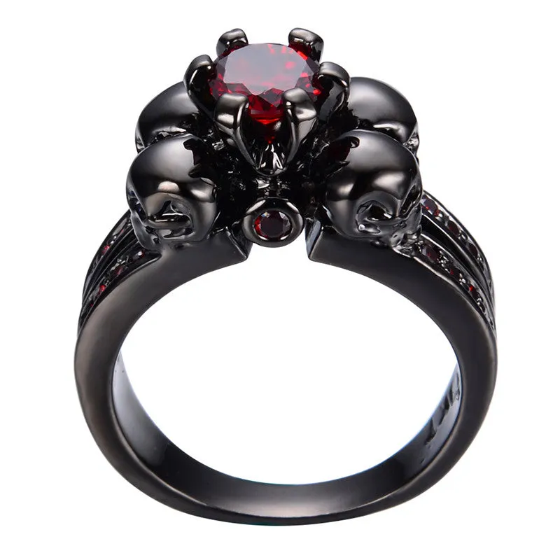 Halloween Skull Ring Anel for Women/Men Fashion Stone Jewelry Red CZ Engagement Band Black Gold Filled Wedding Rings