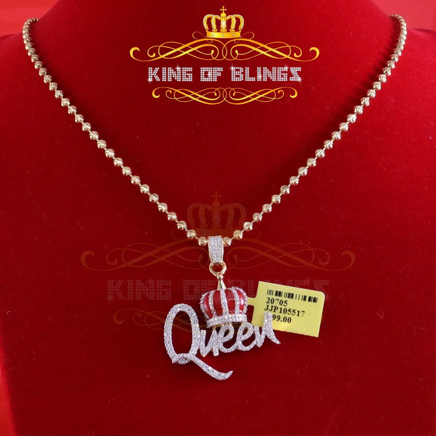 King Of Bling's King 2ct Real Moissanite Sterling Silver Yellow QUEEN with CROWN BELL Pendant