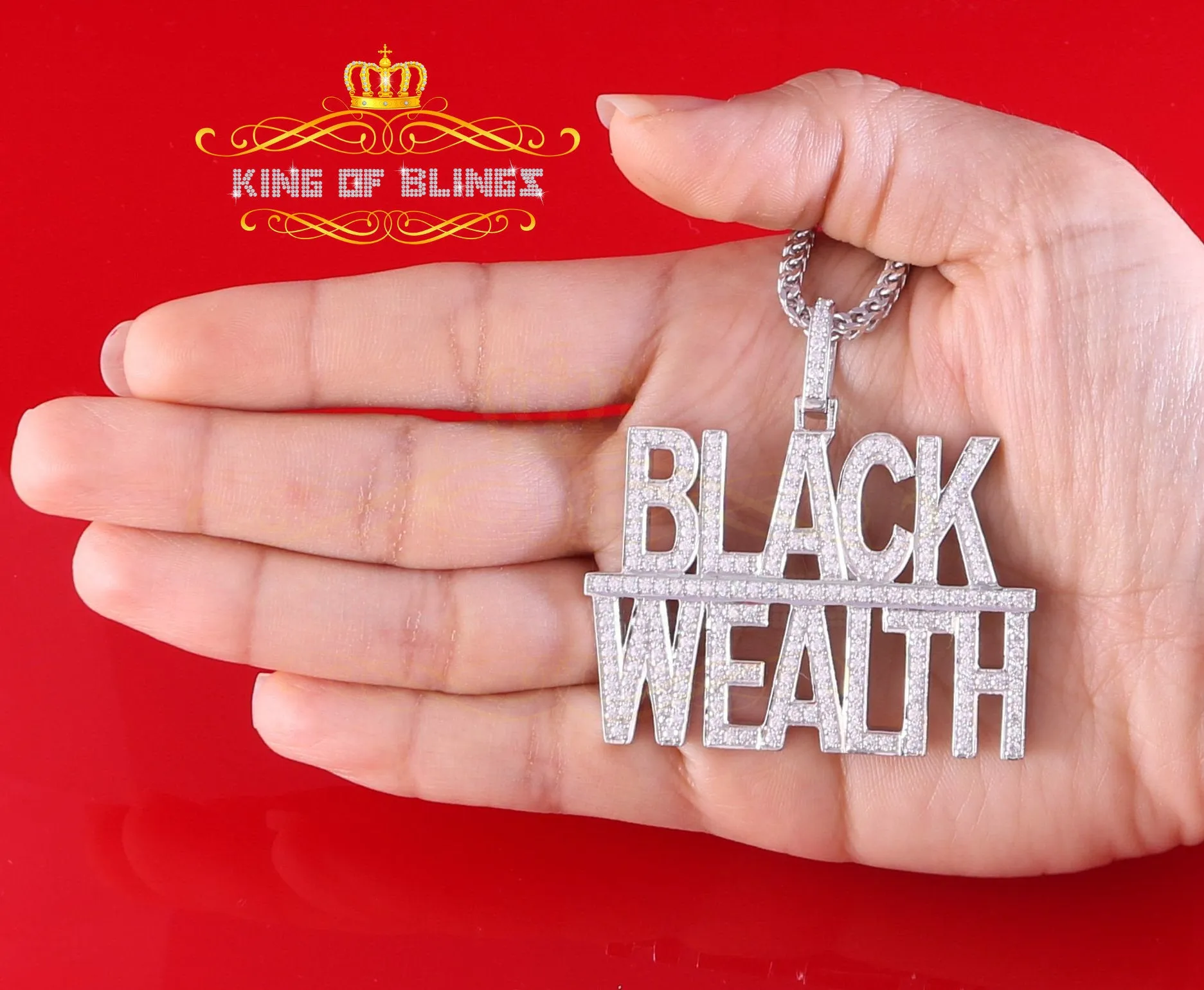 King Of Bling's White 925 Sterling Silver BLACK WEALTH Sign Pendant with 9.30ct Cubic Zirconia