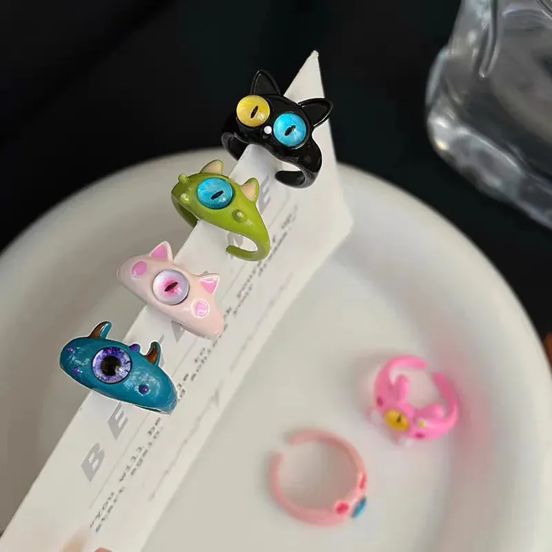 Kiss Jewelry Women Funny Monster Eyes Rings Cute Animals Two Color Cat Eyes Opening Y2K Finger Ring Sweet Kpop Accessories 2023