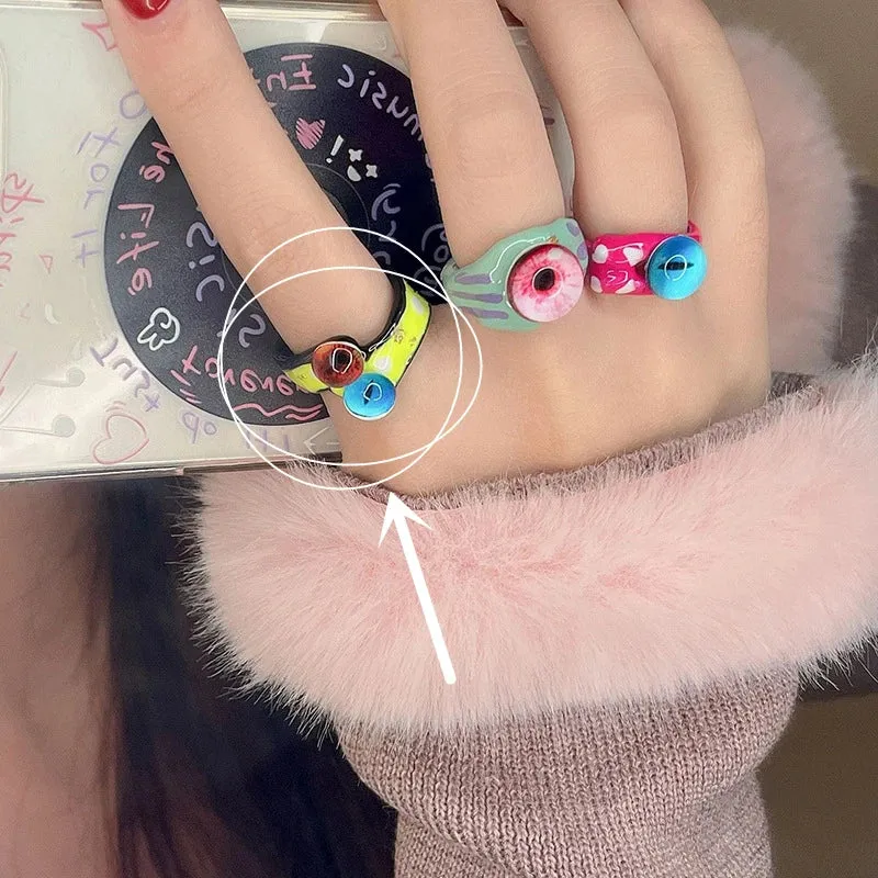 Kiss Jewelry Women Funny Monster Eyes Rings Cute Animals Two Color Cat Eyes Opening Y2K Finger Ring Sweet Kpop Accessories 2023