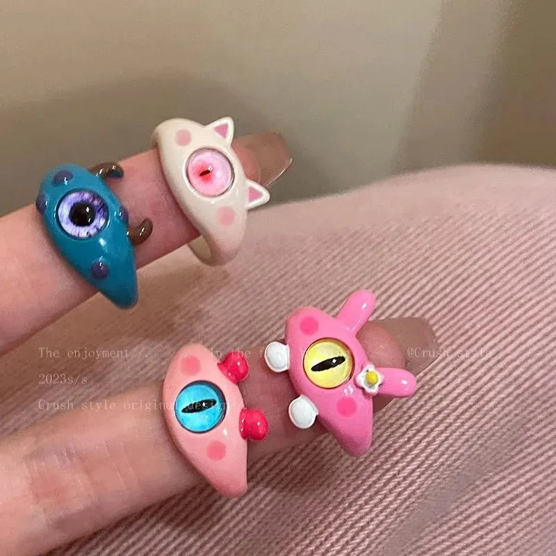 Kiss Jewelry Women Funny Monster Eyes Rings Cute Animals Two Color Cat Eyes Opening Y2K Finger Ring Sweet Kpop Accessories 2023