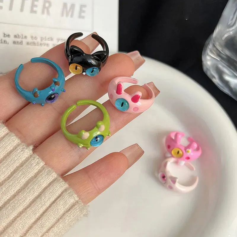 Kiss Jewelry Women Funny Monster Eyes Rings Cute Animals Two Color Cat Eyes Opening Y2K Finger Ring Sweet Kpop Accessories 2023