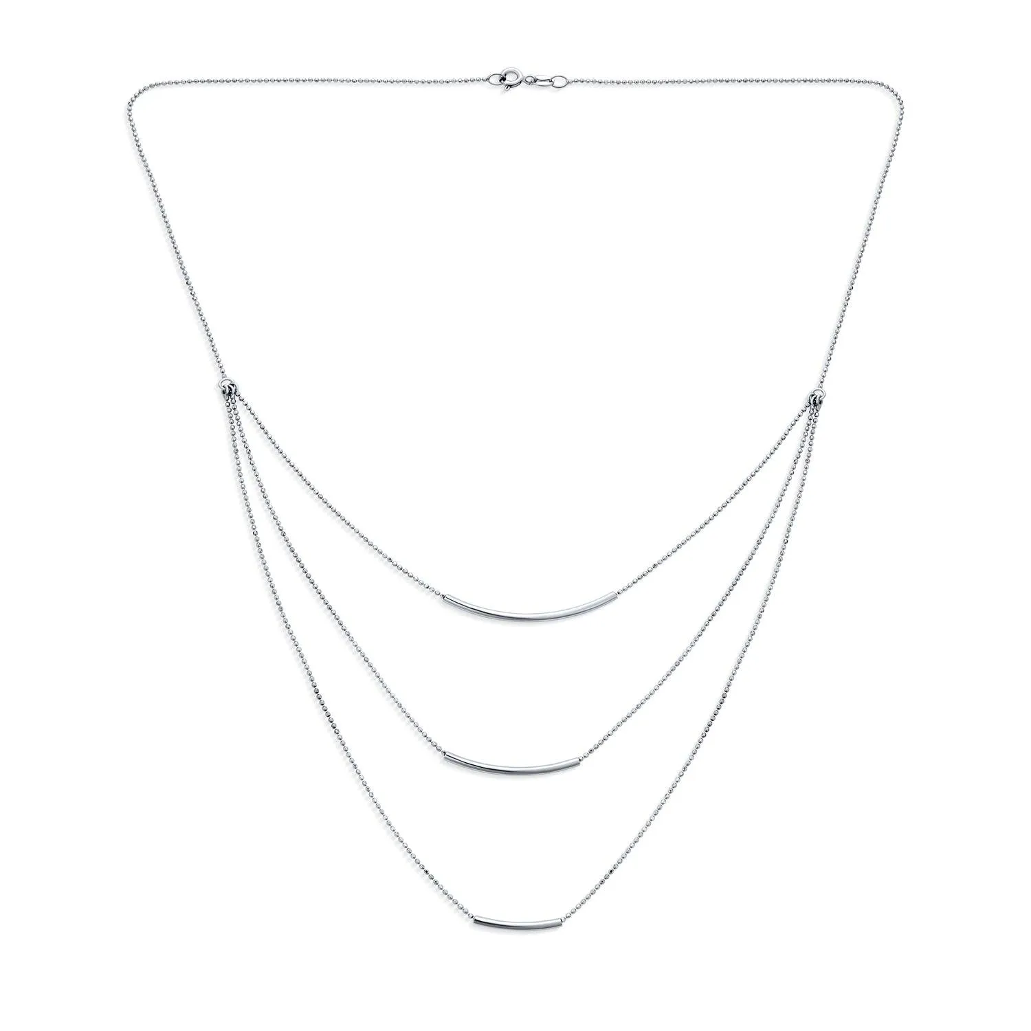 Layered Three Strand Chain Necklace with Curved Bar in Sterling Silver