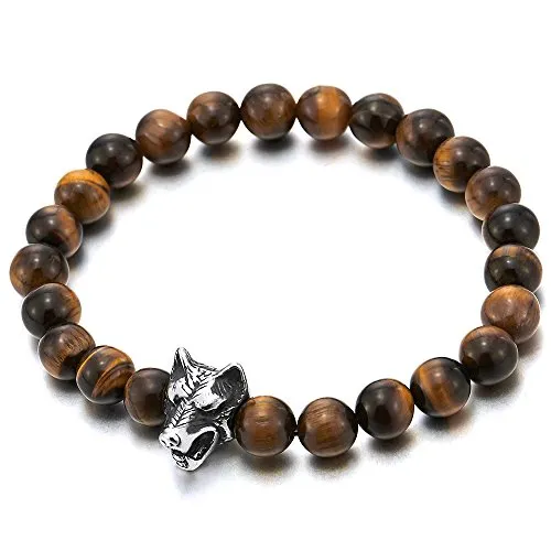 Mens 8MM Beads Bracelet with Stainless Steel Wolf Head Charm, Stretchable