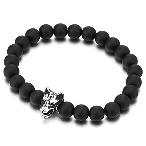 Mens 8MM Beads Bracelet with Stainless Steel Wolf Head Charm, Stretchable