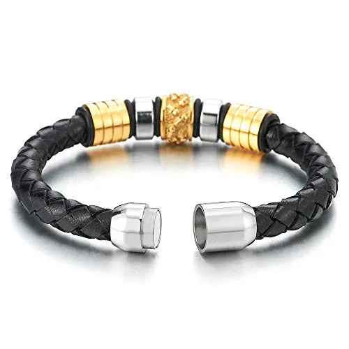 Mens Black Braided Leather Bracelet Bangle Wristband with Stainless Steel Skulls Charms Silver Gold