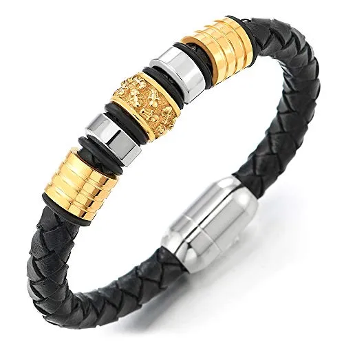 Mens Black Braided Leather Bracelet Bangle Wristband with Stainless Steel Skulls Charms Silver Gold