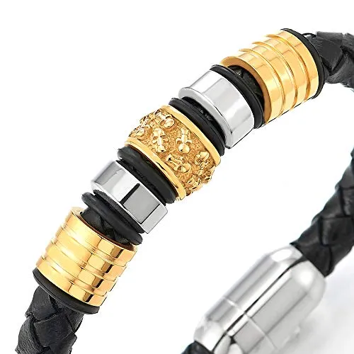 Mens Black Braided Leather Bracelet Bangle Wristband with Stainless Steel Skulls Charms Silver Gold