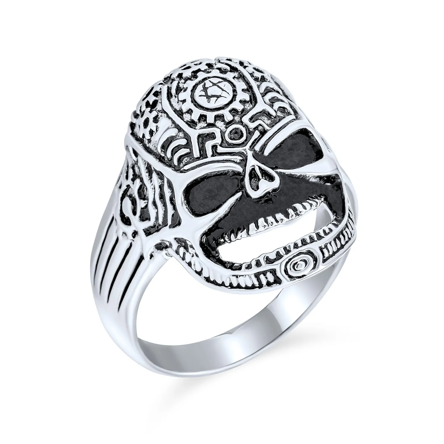 Mens Stainless Steel Biker Skull Signet Ring - Halloween Crossbones Jewelry