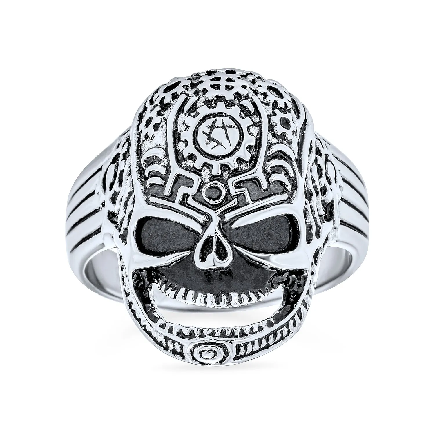 Mens Stainless Steel Biker Skull Signet Ring - Halloween Crossbones Jewelry