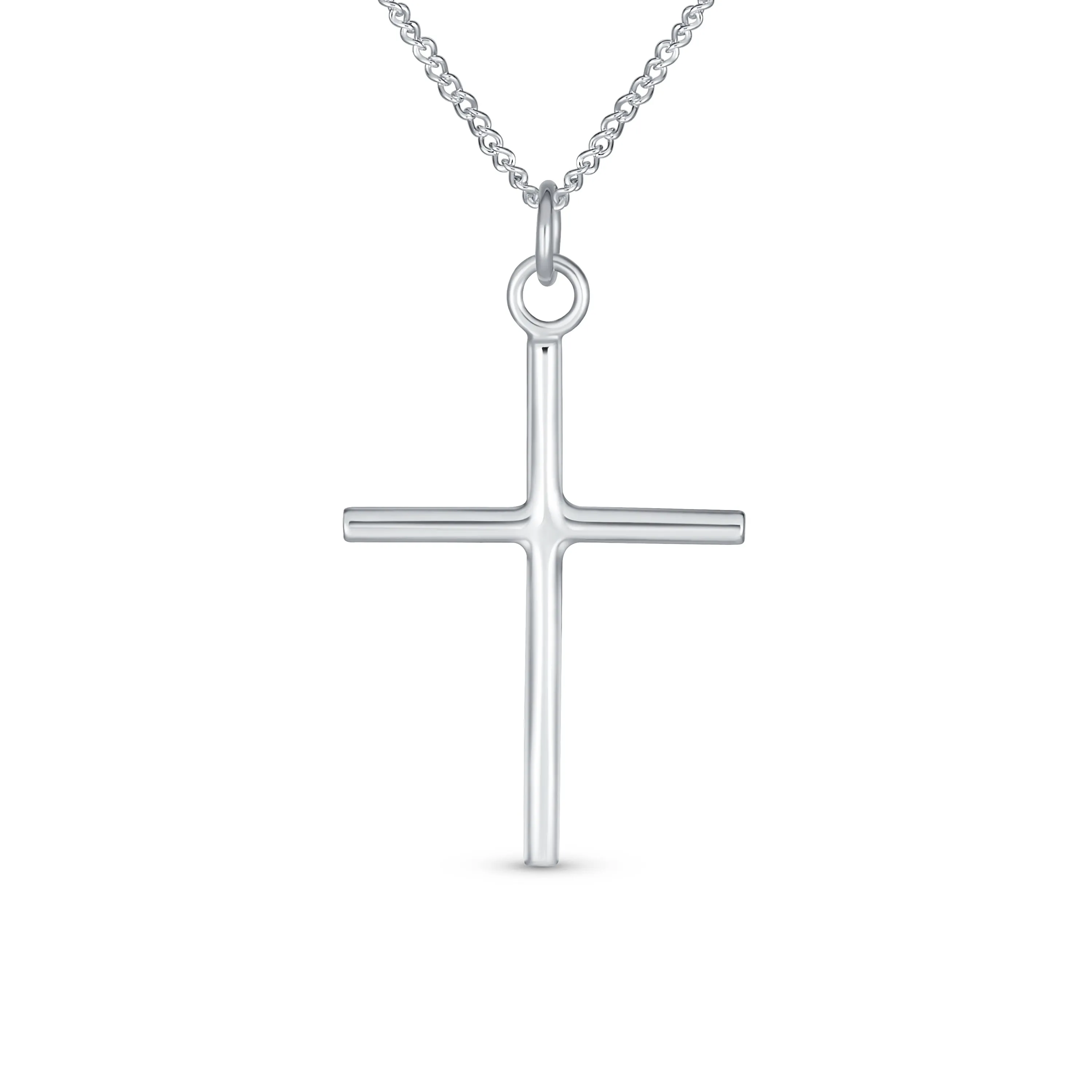 Minimalist Cross Pendant Necklace in Sterling Silver for Teens - Medium Tube Design