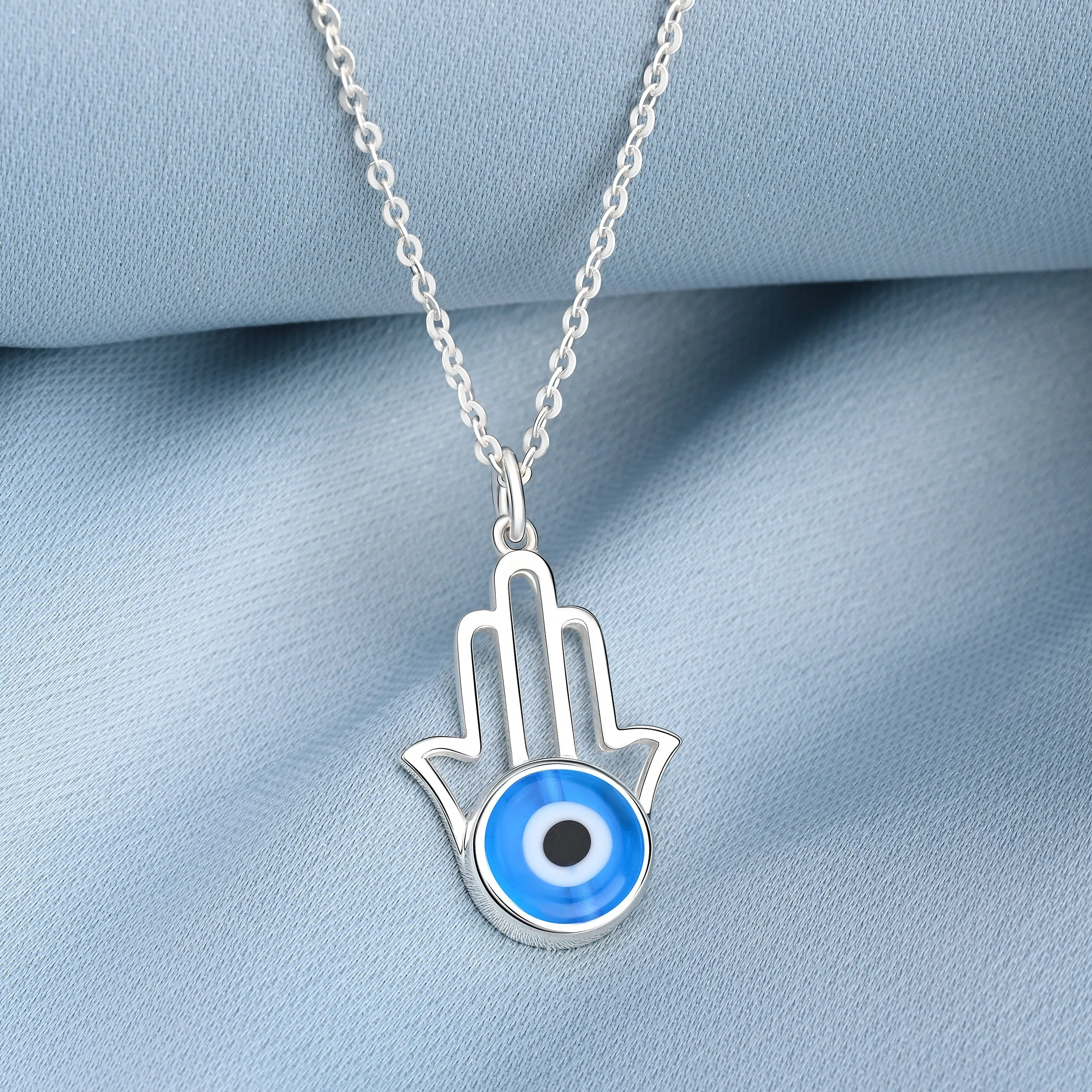 Minimalist Hamsa Hand Blue Evil Eye Necklace