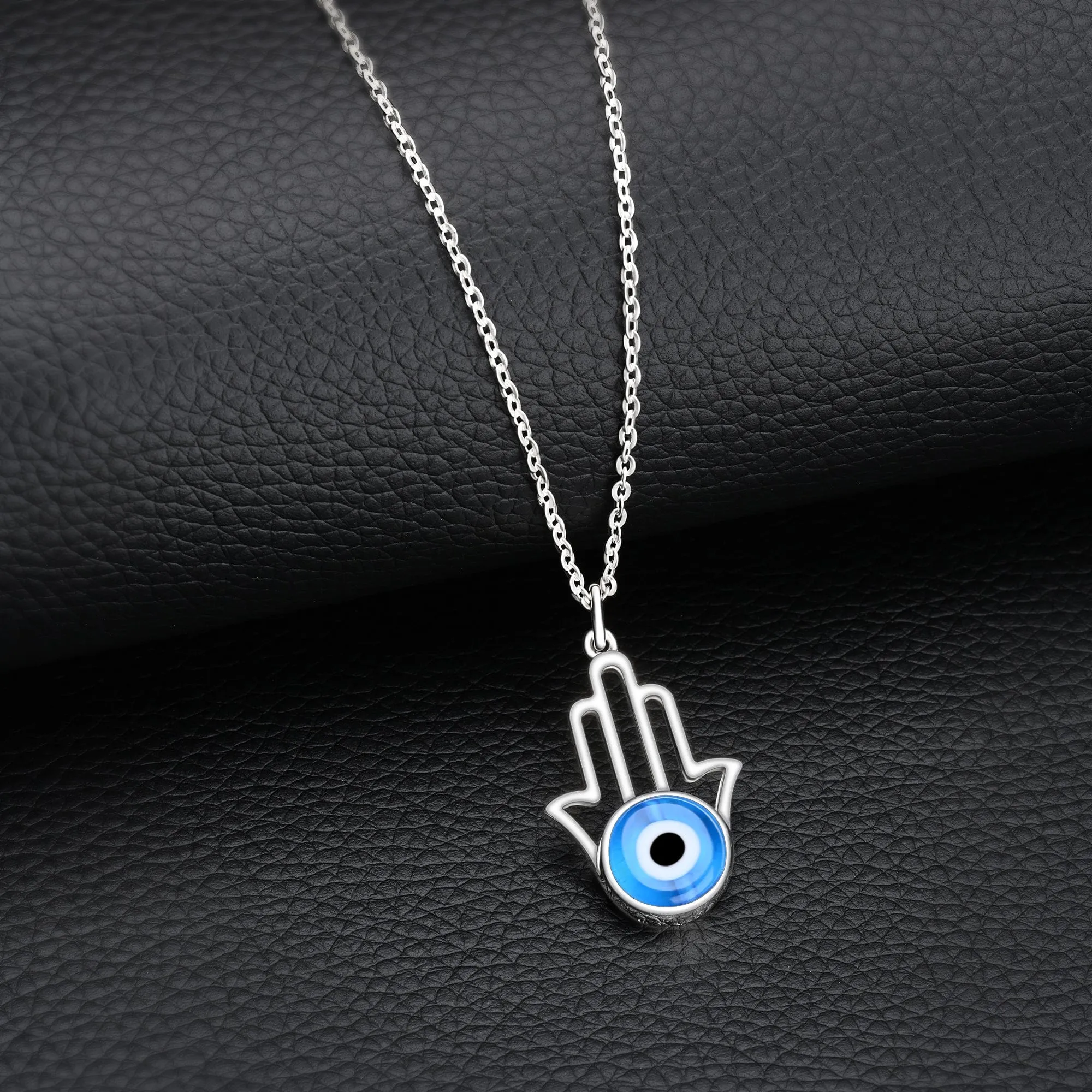 Minimalist Hamsa Hand Blue Evil Eye Necklace