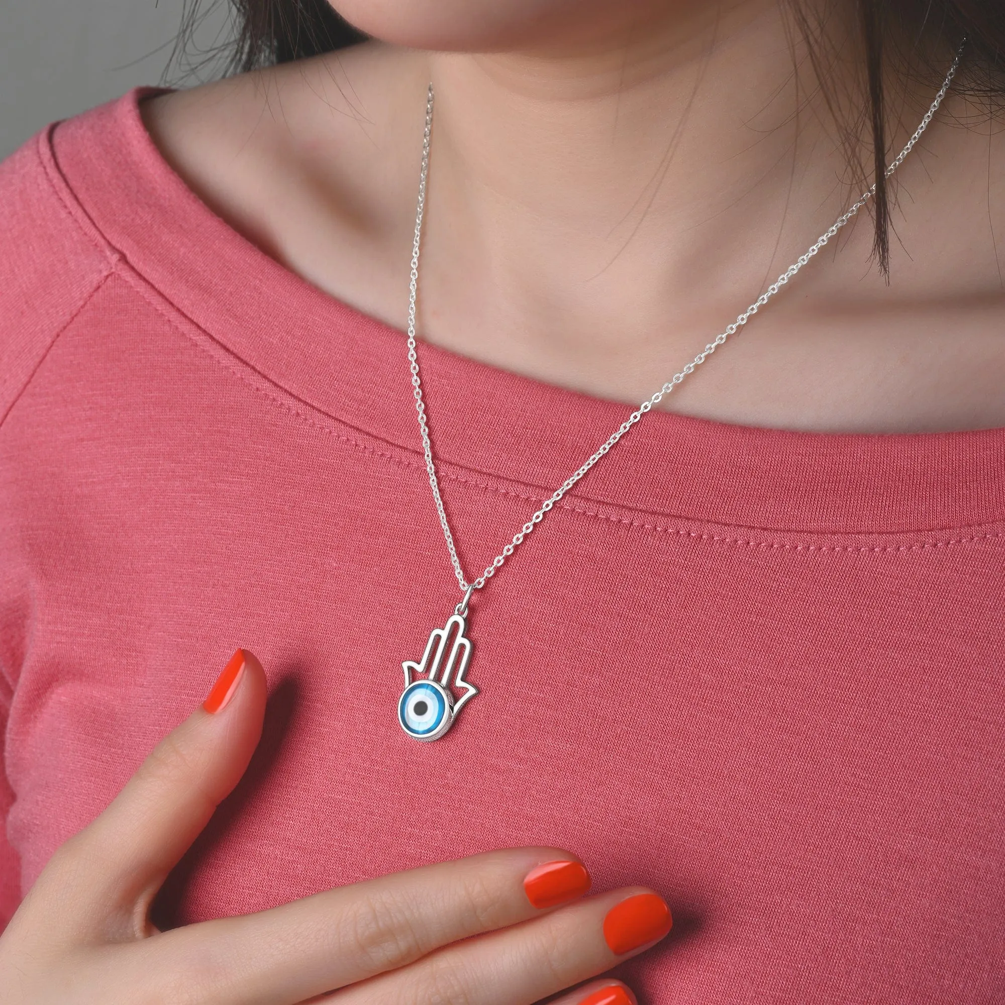 Minimalist Hamsa Hand Blue Evil Eye Necklace