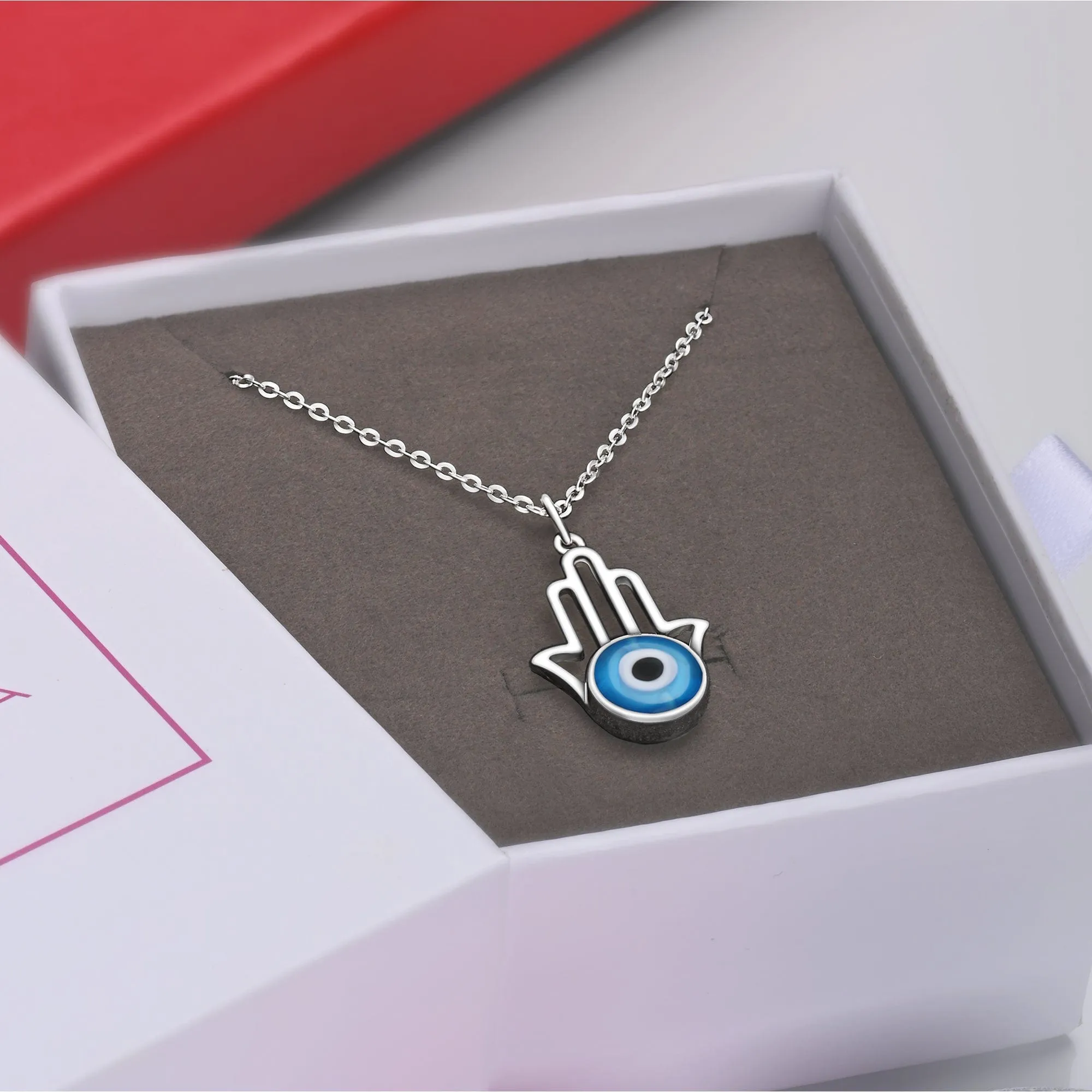 Minimalist Hamsa Hand Blue Evil Eye Necklace