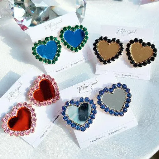 Mirror Heart Cubic Bold Earrings (Leesabae) - 925 silver