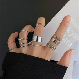 Modyle 10 pcs/set Bohemian Ring Set Gold Silver Color Wide Rings For Women Girls Simple Chain Finger Tail Rings