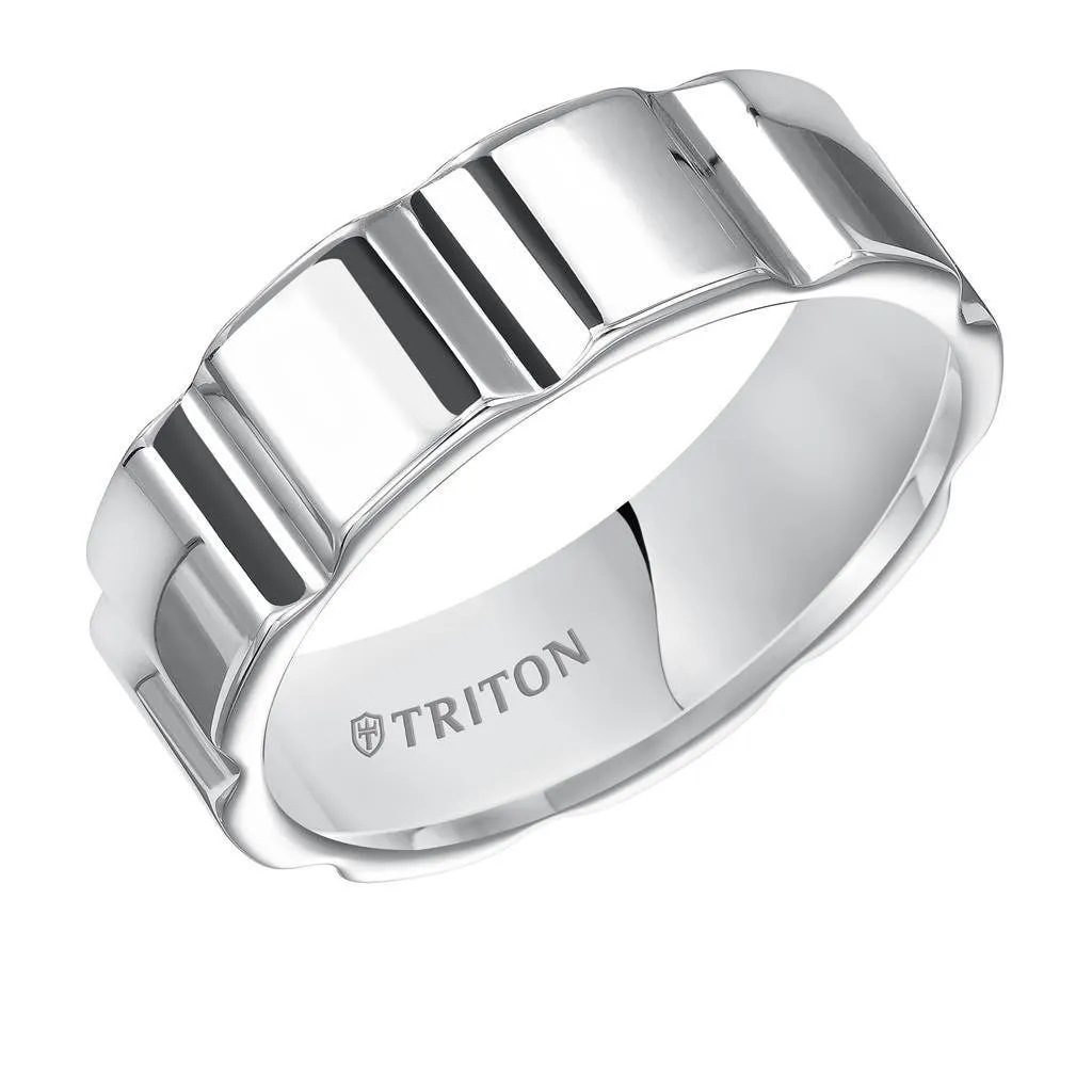 MORGAN Flat Bright Polished White Tungsten Carbide Comfort Fit Wedding Band with Vertical V cuts by Triton Rings - 7 mm