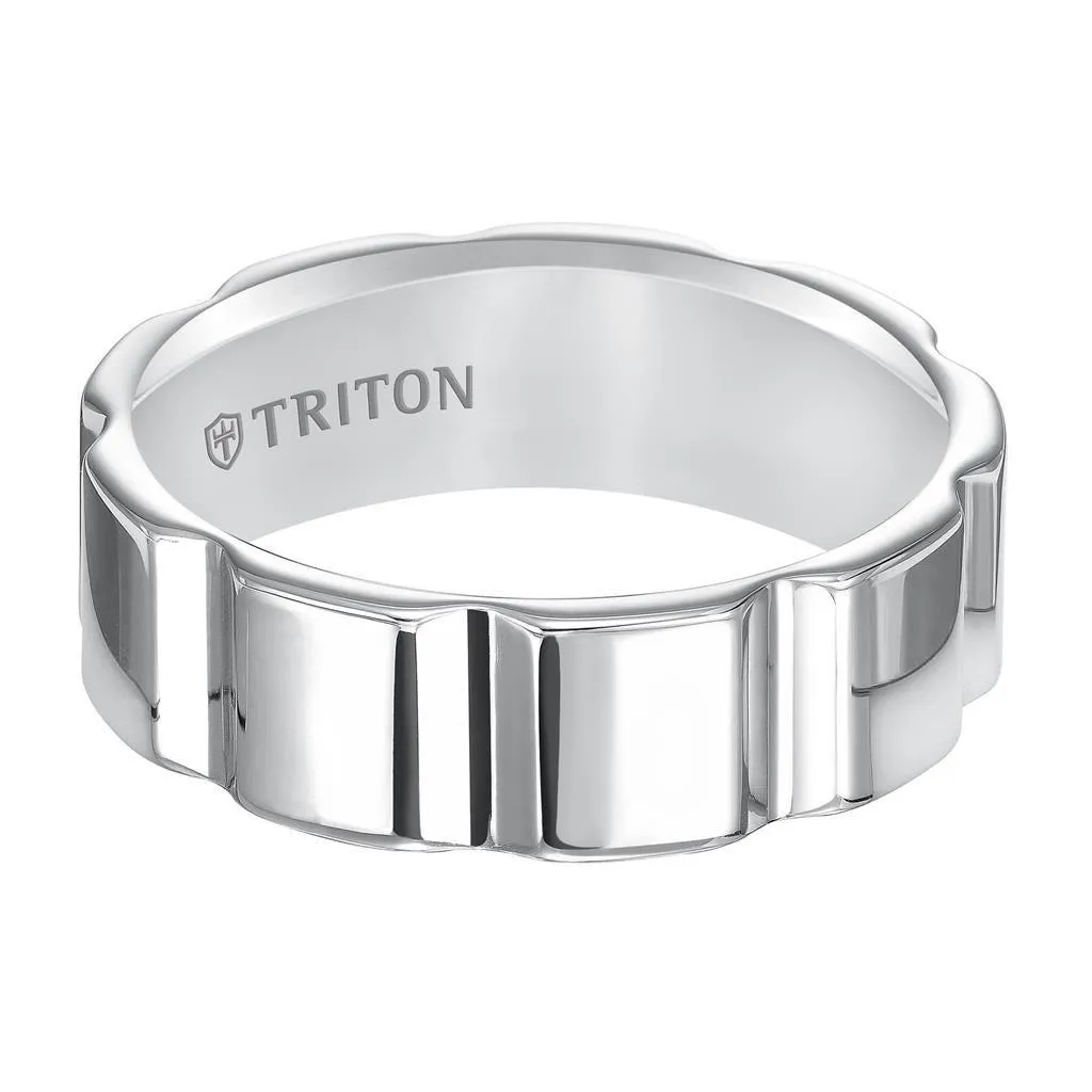 MORGAN Flat Bright Polished White Tungsten Carbide Comfort Fit Wedding Band with Vertical V cuts by Triton Rings - 7 mm