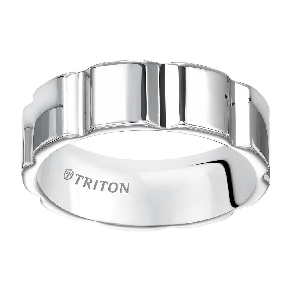 MORGAN Flat Bright Polished White Tungsten Carbide Comfort Fit Wedding Band with Vertical V cuts by Triton Rings - 7 mm