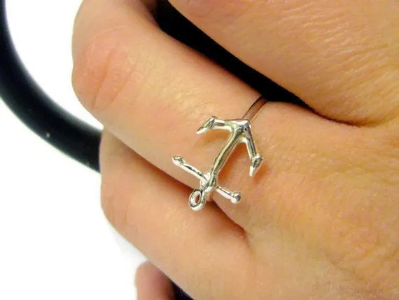 Nautical jewelry Sideways anchor ring Sterling silver anchor ring stacking ring anchor jewelry