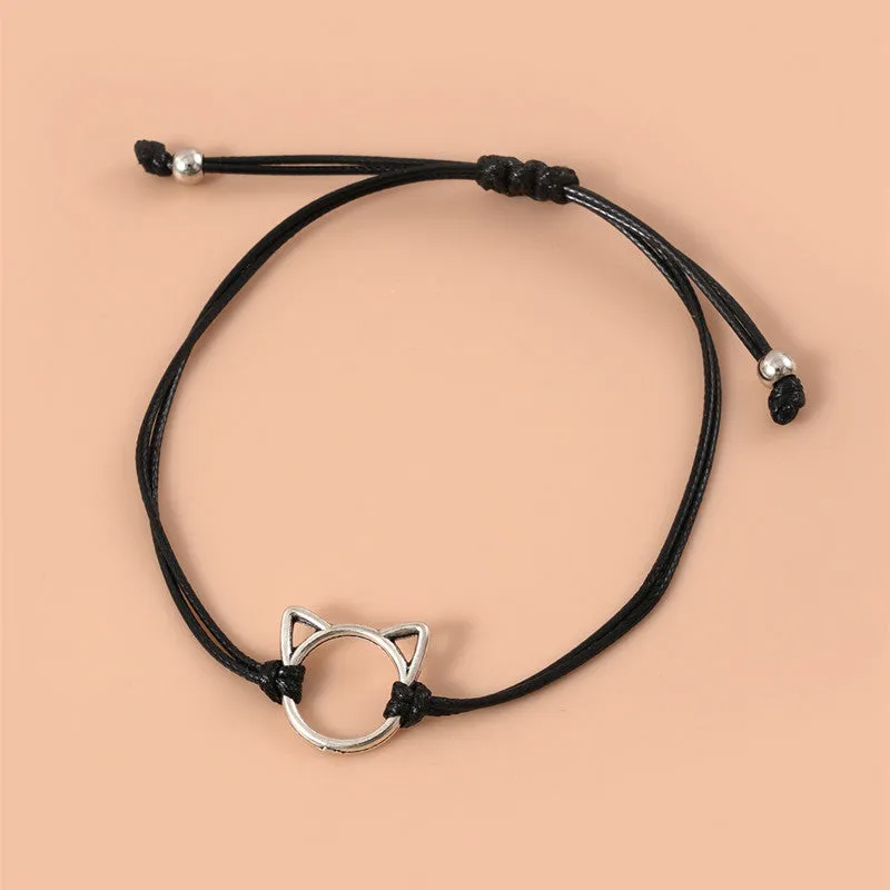 New Creative Cute Alloy Cat Head Wax Line Woven Bracelet