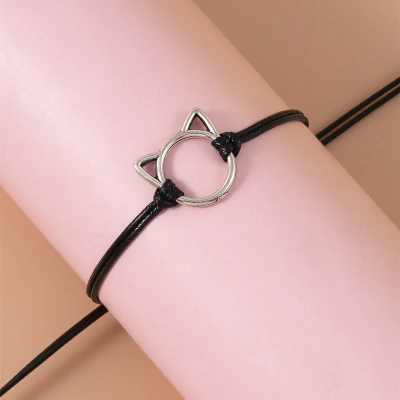 New Creative Cute Alloy Cat Head Wax Line Woven Bracelet