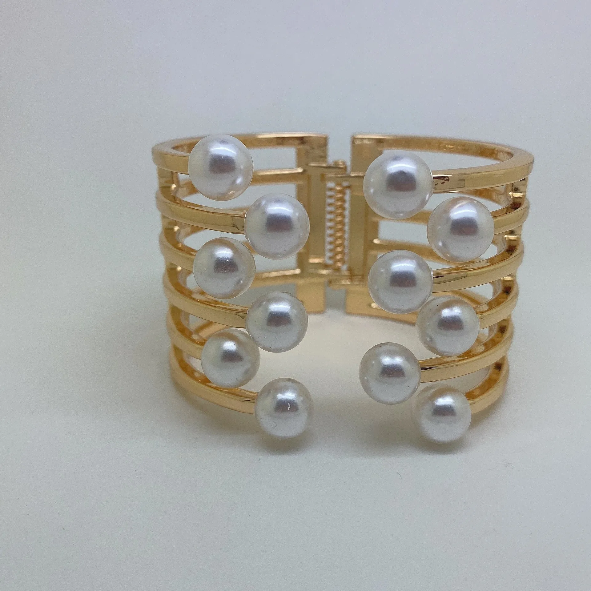 Pearl Edge Wide Women's Bracelet with Gold-plated Metal Accents