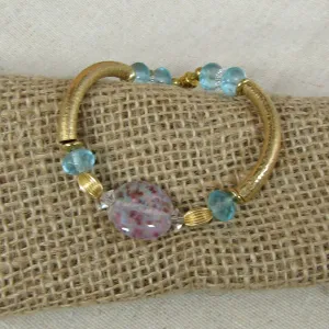 Pink & Aqua Artisan Bead Gold Bangle Bracelet