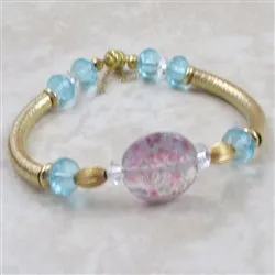 Pink & Aqua Artisan Bead Gold Bangle Bracelet