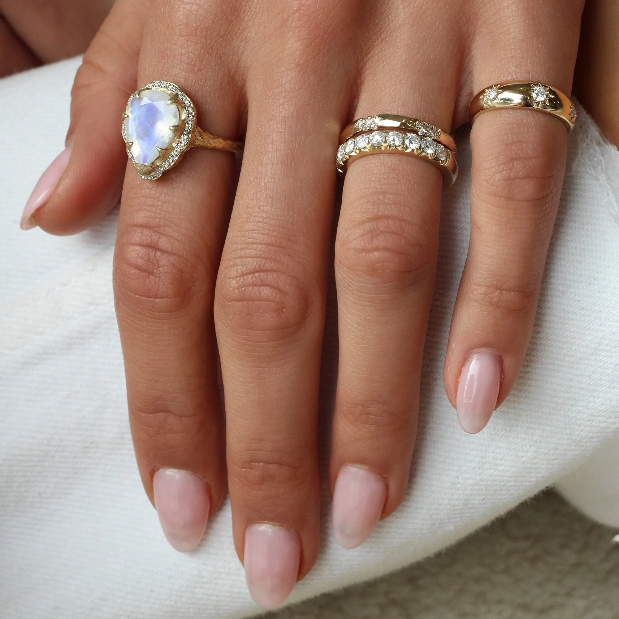 Queen Water Drop Moonstone Ring with Full Pavé Diamond Halo