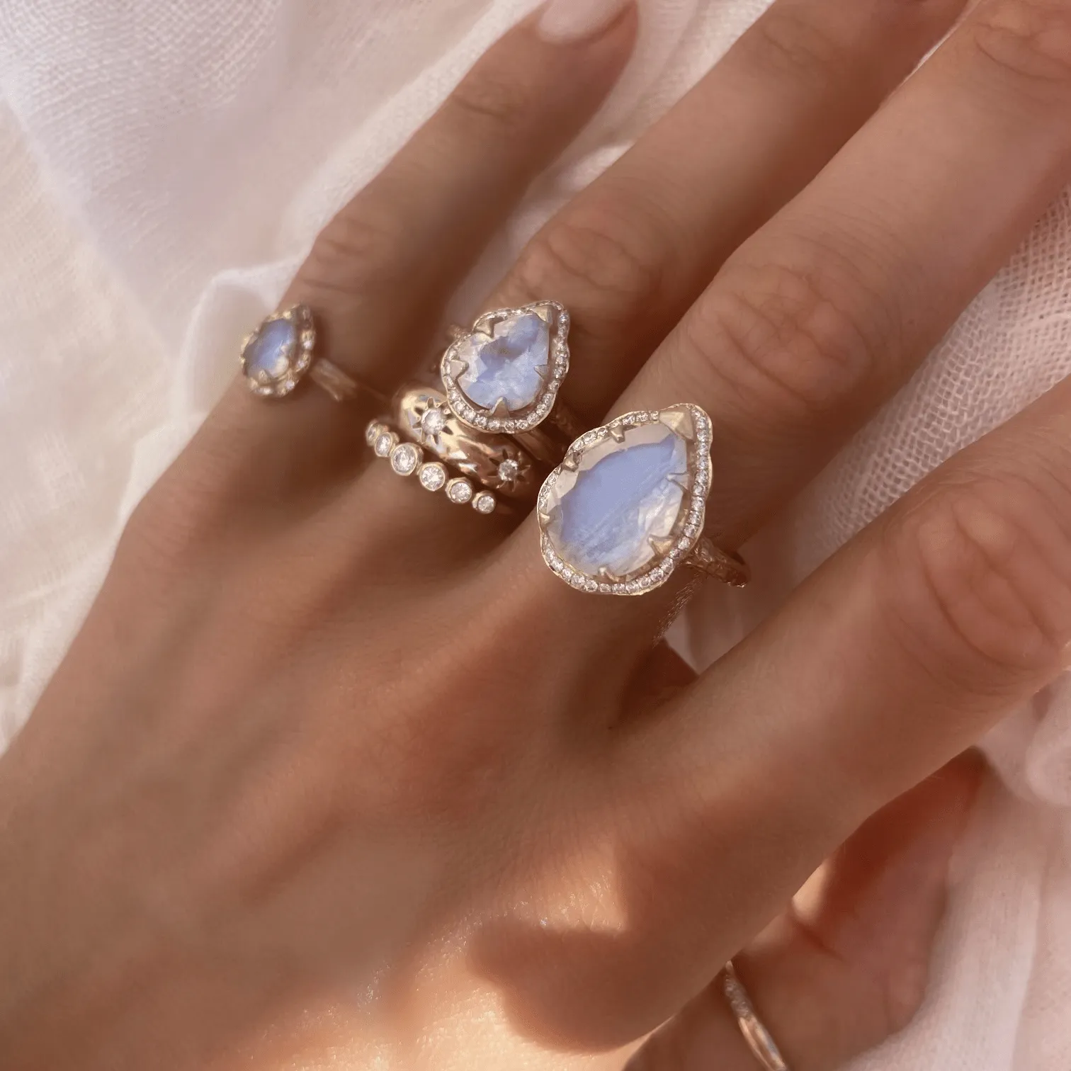 Queen Water Drop Moonstone Ring with Full Pavé Diamond Halo