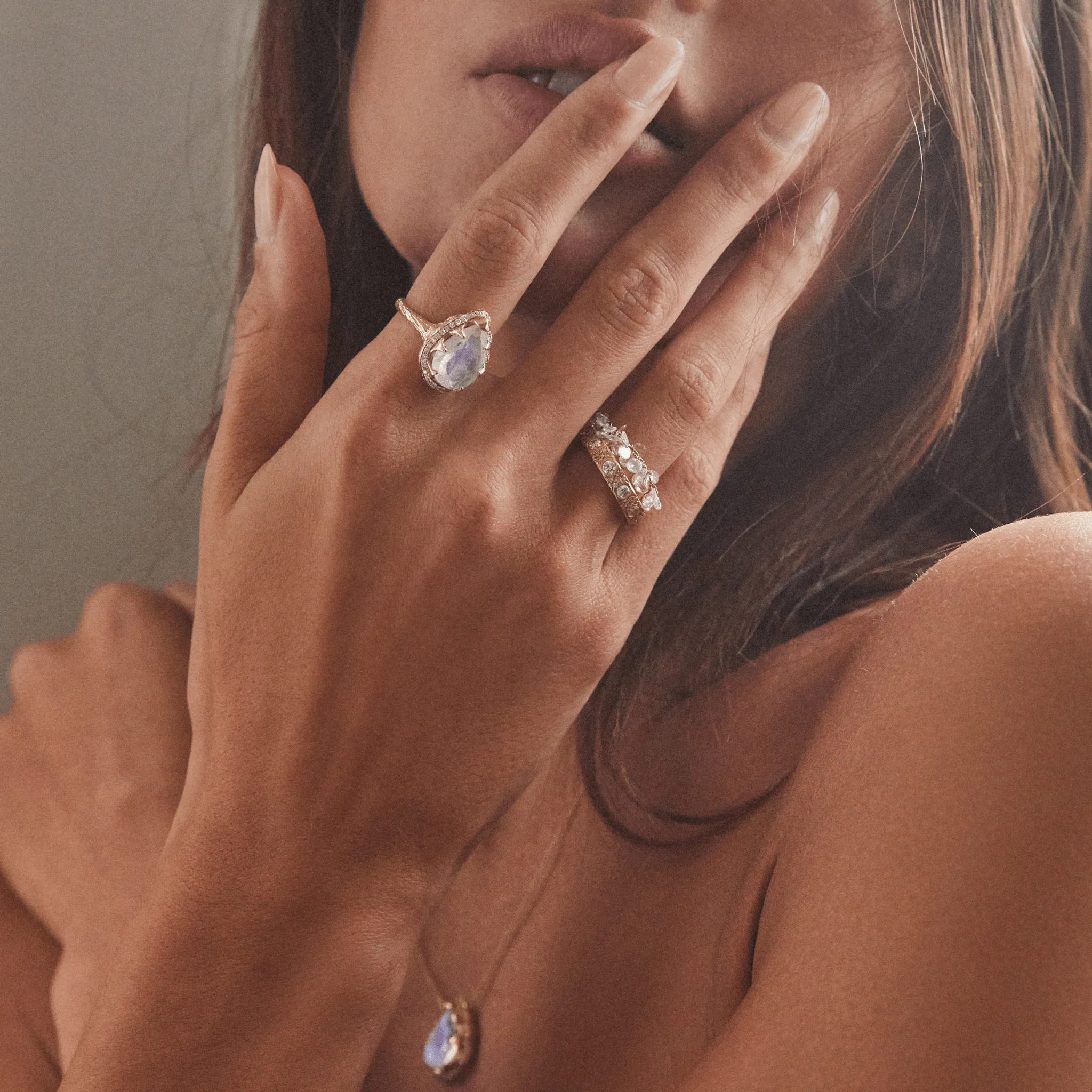 Queen Water Drop Moonstone Ring with Full Pavé Diamond Halo