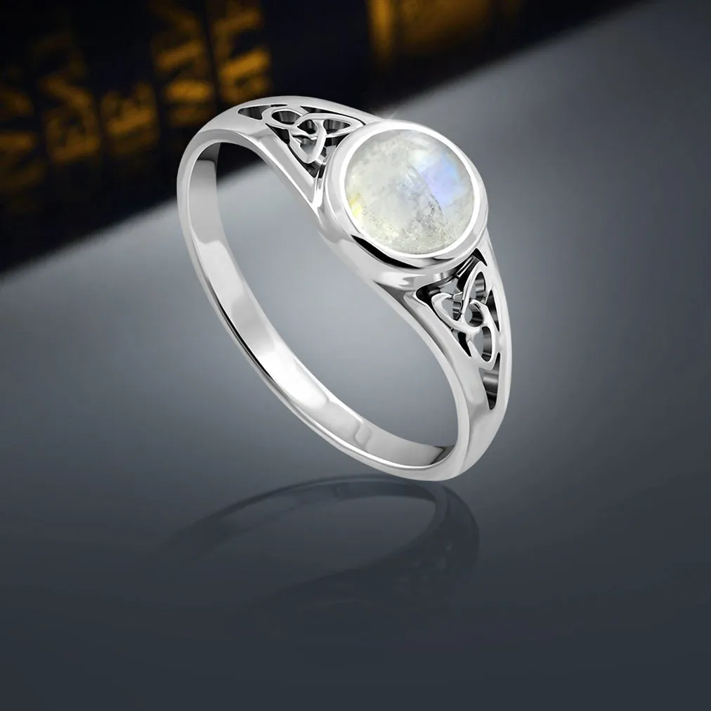 Rainbow Moonstone Trinity Knot Silver Ring