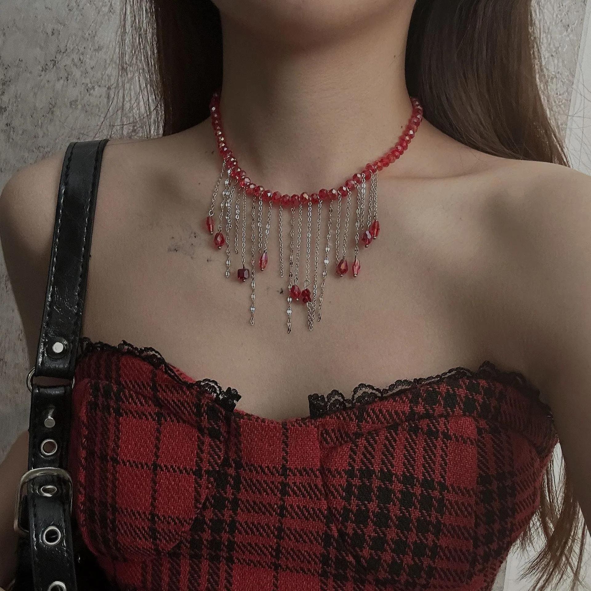 Red Aesthetic Unique Tassel Crystal Necklace