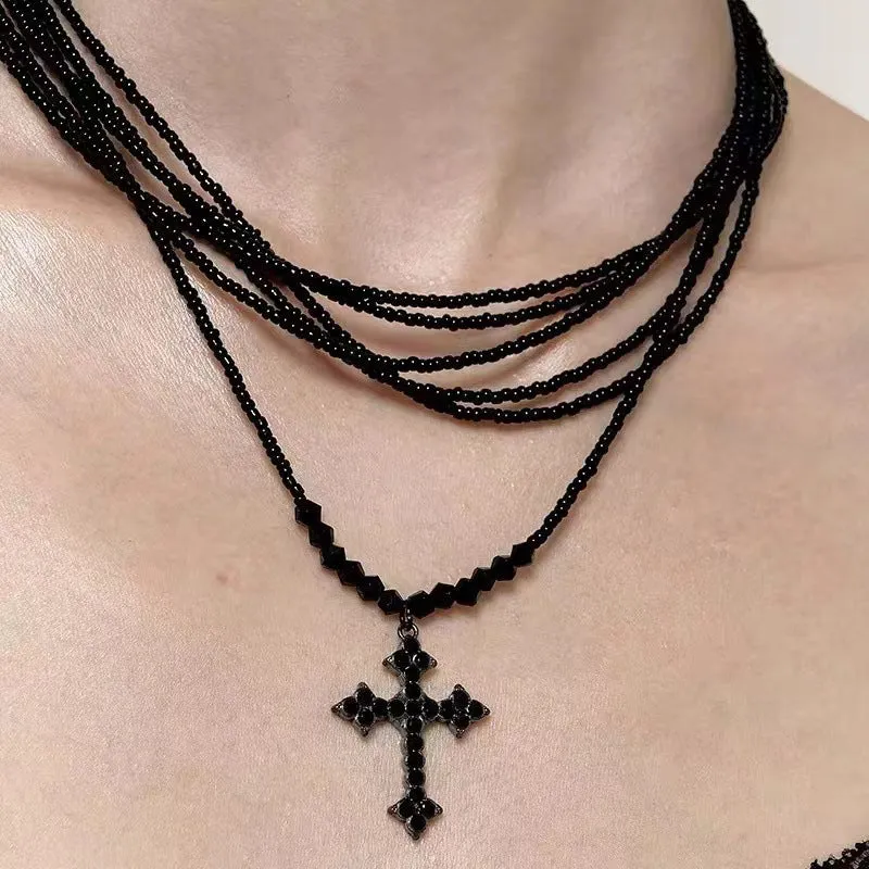 Retro Layered Cross Punk Sweet Beaded Cool Necklace