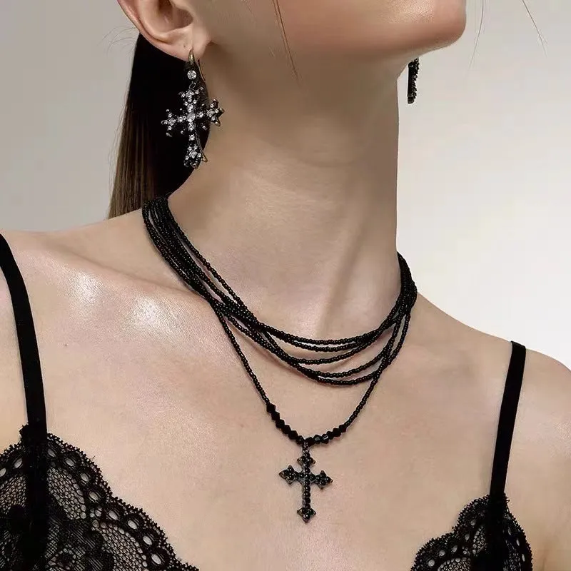 Retro Layered Cross Punk Sweet Beaded Cool Necklace