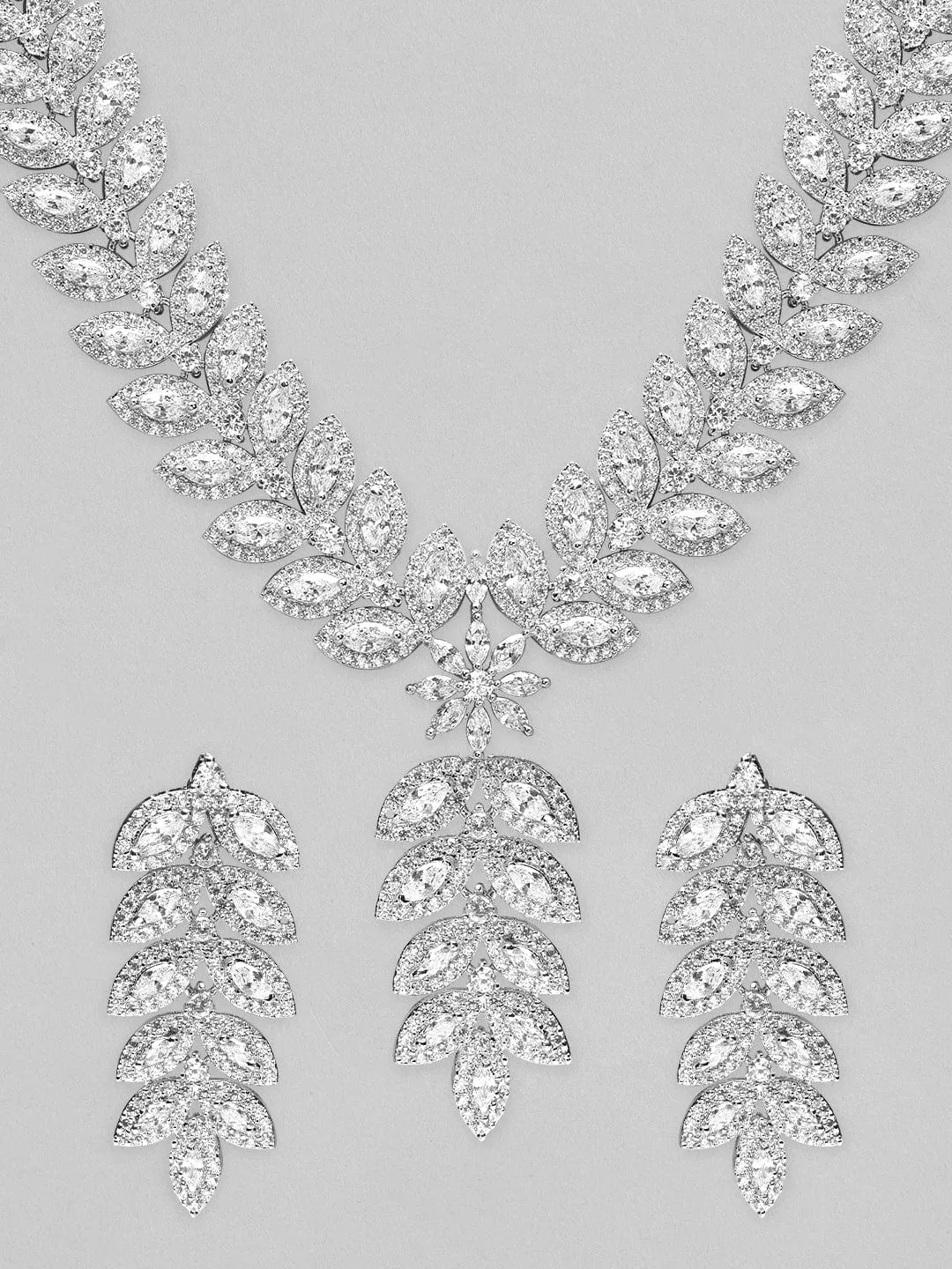 Rhodium-Plated Leaf Design AD Studded Jewellery Set