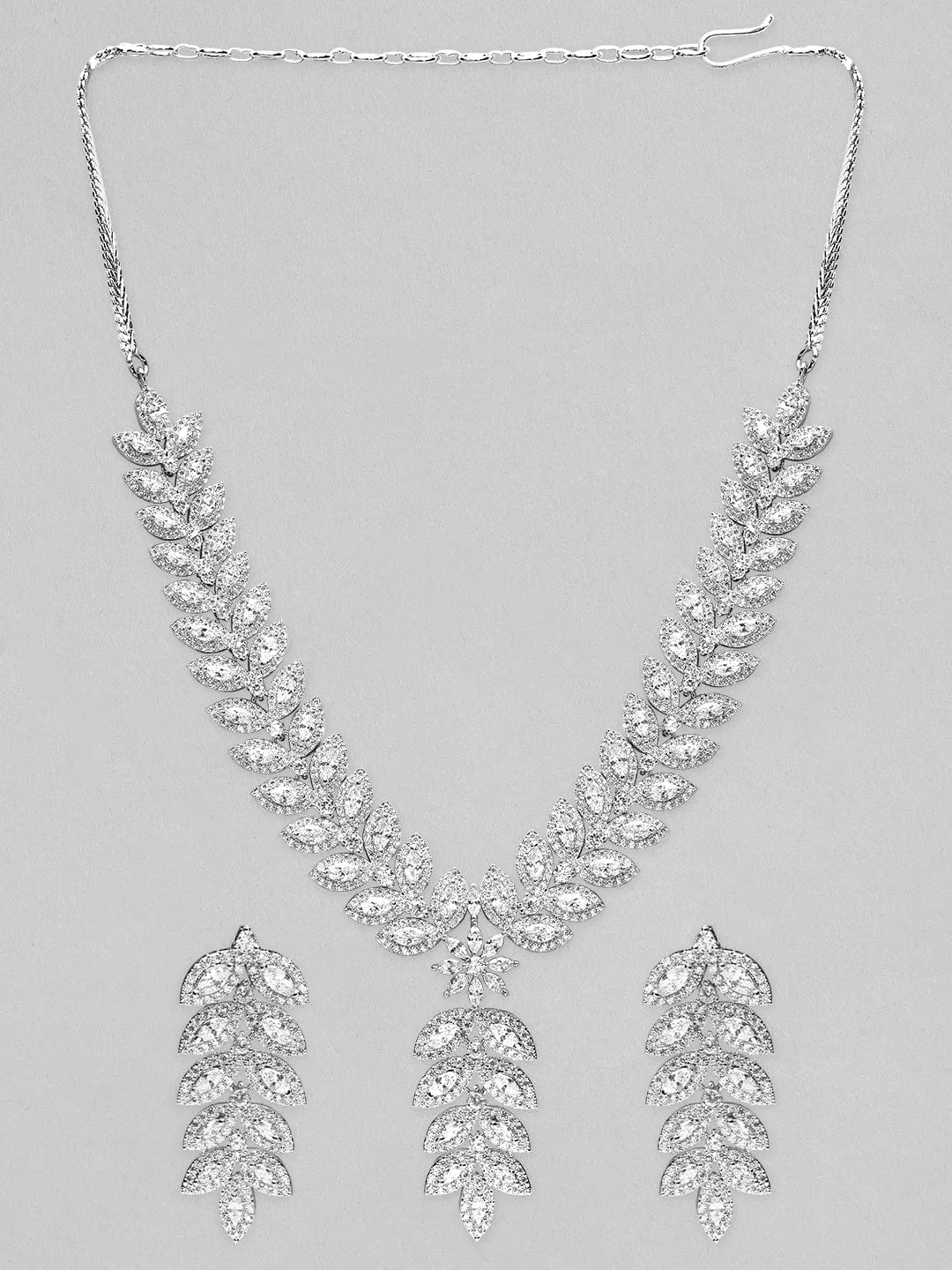 Rhodium-Plated Leaf Design AD Studded Jewellery Set