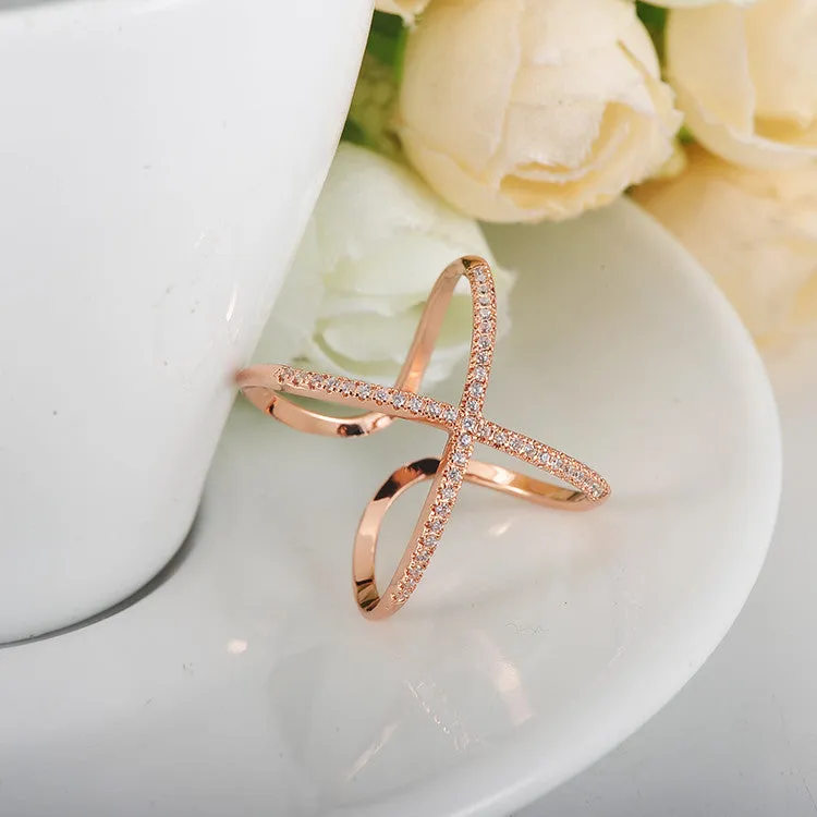 Rose Gold Plated X Shape Design Rings With Pave Setting Cubic Zirconia Cross Ring Wedding Jewelry Anel Feminino