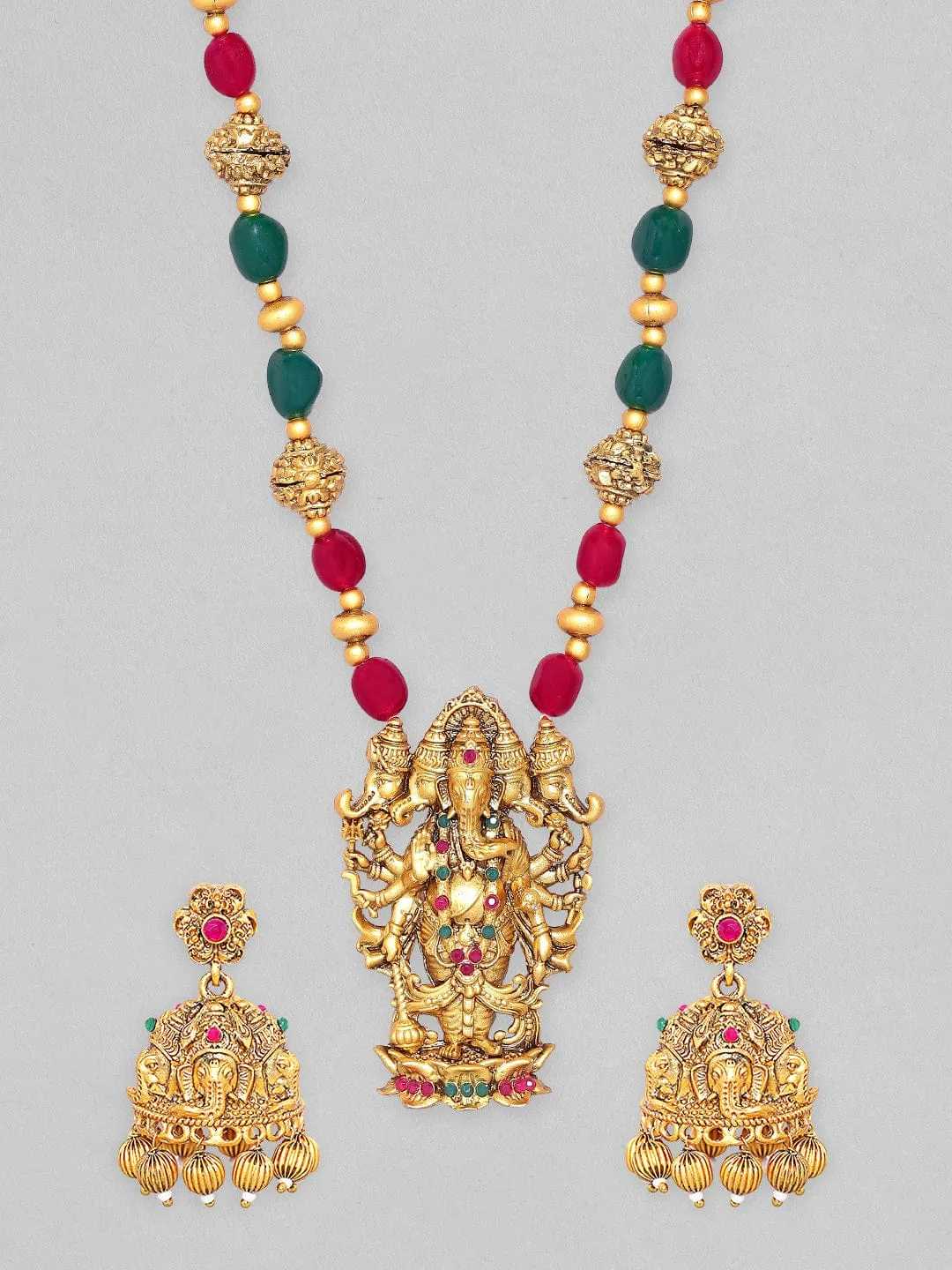 Rubans 24K Gold-Plated CZ-Studded  Beaded Necklace and Earrings