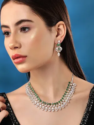 Rubans Rhodium-Plated Premium White & Green Zircons Studded Party Wear Statement Jewellery Set