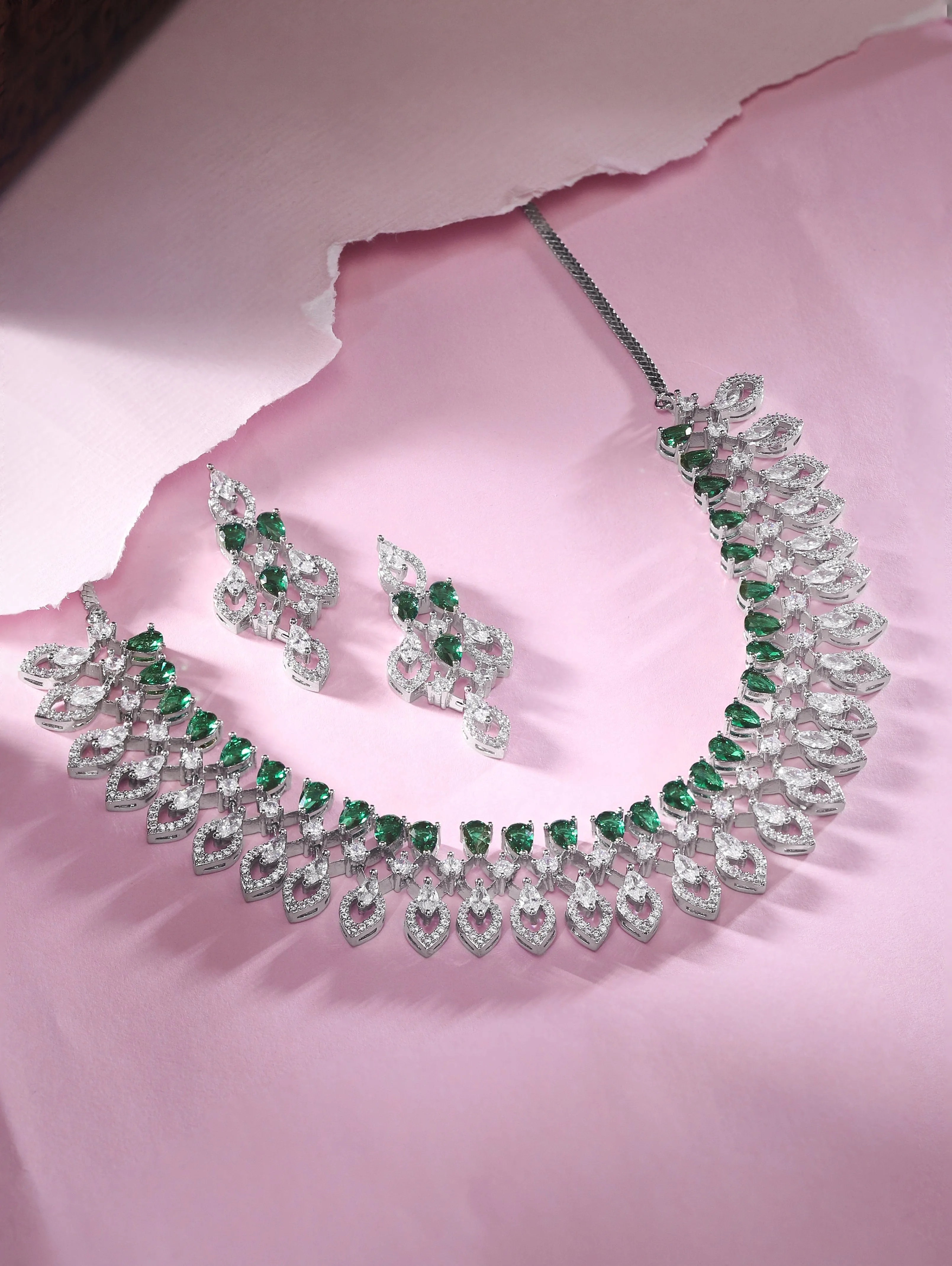 Rubans Rhodium-Plated Premium White & Green Zircons Studded Party Wear Statement Jewellery Set