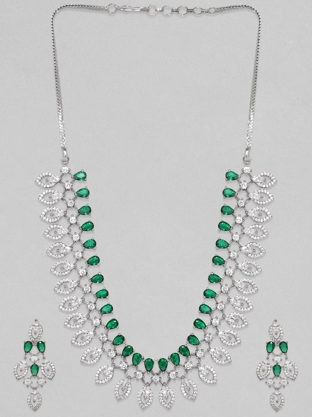 Rubans Rhodium-Plated Premium White & Green Zircons Studded Party Wear Statement Jewellery Set