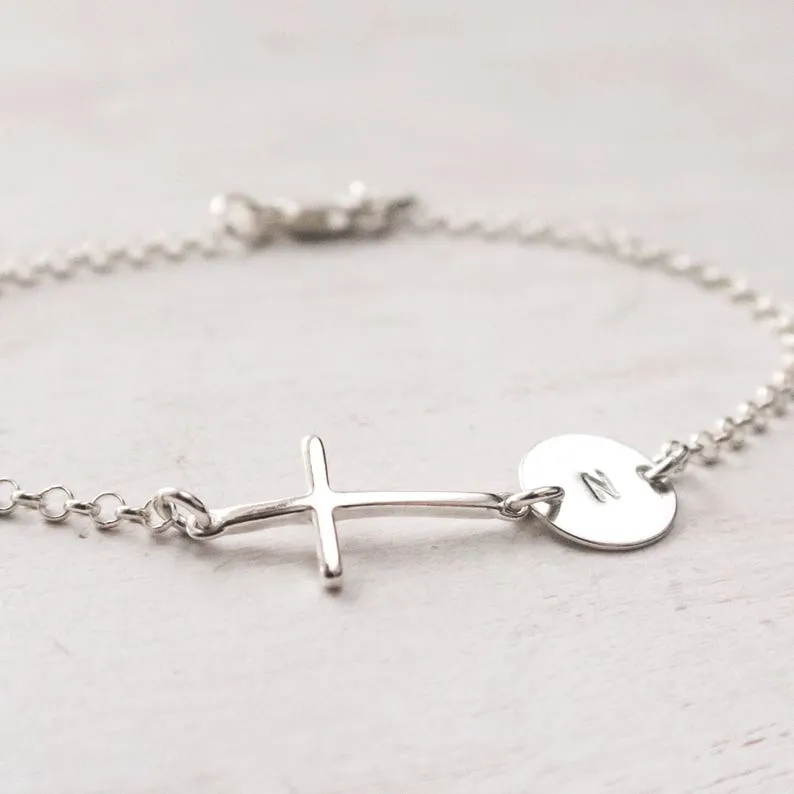 Sideways Cross Bracelet, Personalized with Initial, Sterling Silver