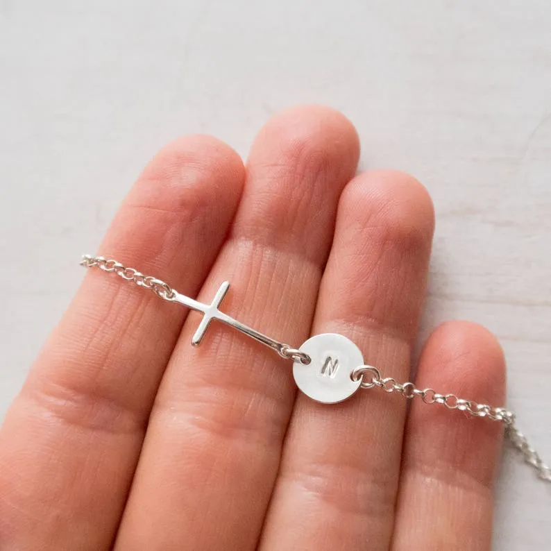 Sideways Cross Bracelet, Personalized with Initial, Sterling Silver